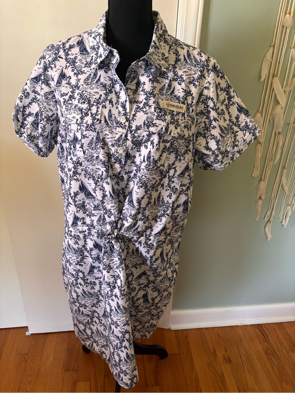 Magellan Outdoors  White & Navy Nautical Printed drawstring waist dress